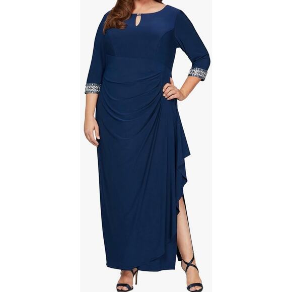 Alex Evenings Embellished Faux Wrap Maxi Gown Black Sz 24 Womens Slit Keyhole - Picture 2 of 12